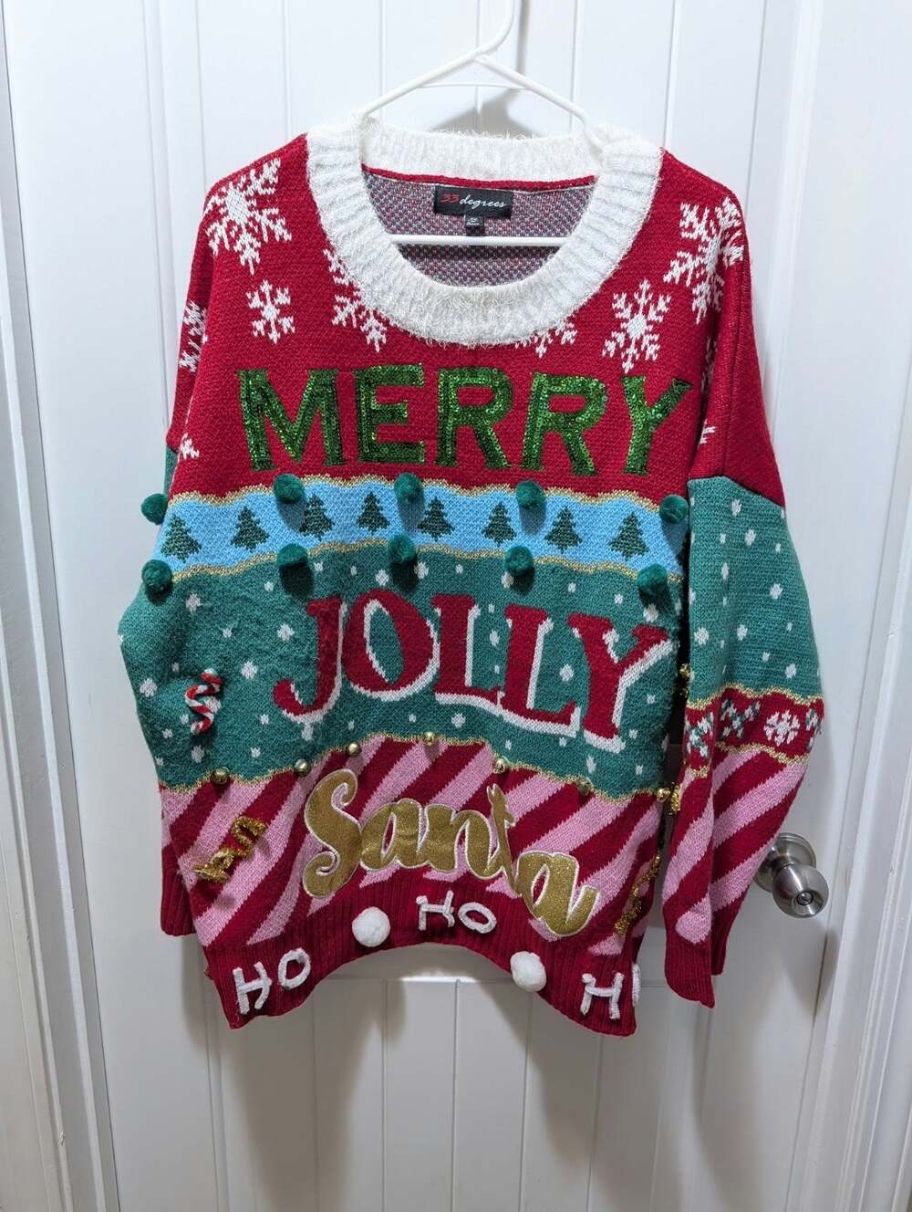 33 Degrees Merry Jolly Santa Ugly Christmas Sweater Red Sequin Womens XL "HO HO"